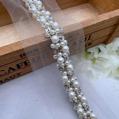 90cm Pearl Beaded Lace Trim Ribbon Garment Decoration Applique Trimming Rhinestone Tape DIY Sewing Fabric Material Accessories Good Vibrations