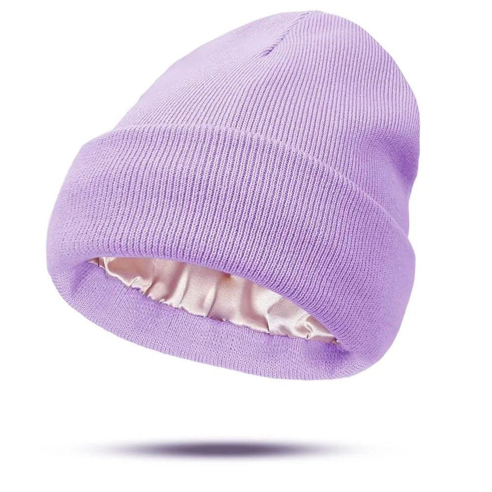 Women's Hats for Autumn&Winter-Comfortable Stylish Versatile Warm-Keeping Hairstyle-Protecting Knitted Satin Woolen Hats Good Vibrations