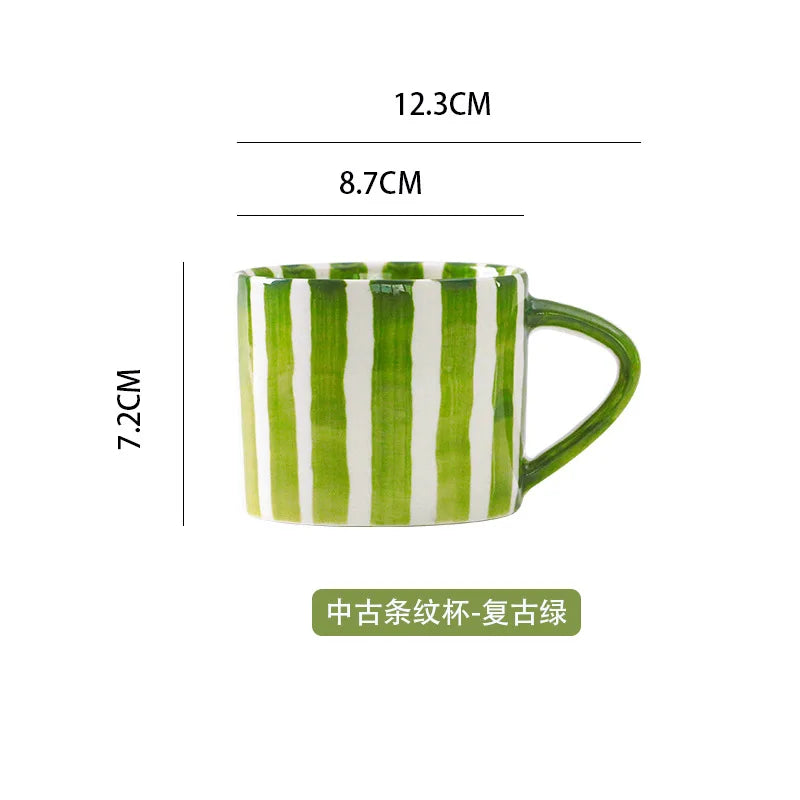 Ceramic Coffee Mug Three-piece Set Hand-painted Striped Mug Afternoon Camellia Tea Mug Breakfast Milk Oatmeal Mug Cake Plate New Good Vibrations