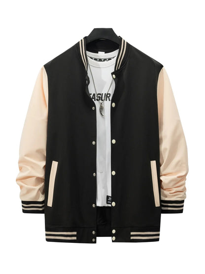 Men's Casual Baseball Jacket & Pants Color Block Polyester Button-Up with Belt Detail for Spring/Fall 1/2pieces Good Vibrations