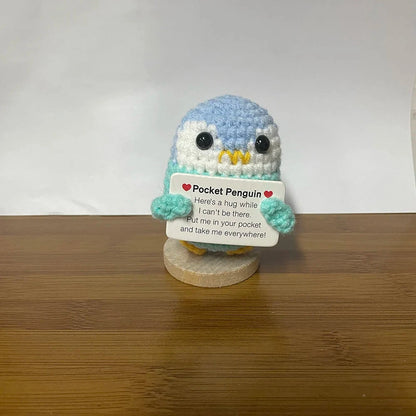 Crochet Energy Penguin Hug Pocket Mini Hand-woven Plush Wool Knitting Doll with Card Funny Christams Gift Home Room Decoration Good Vibrations