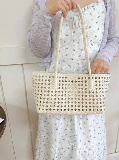 2026 New Fashion Hollow Out Woven Tote Bag for Women Large Capacity Commute Single Shoulder Handbag for Summer Good Vibrations