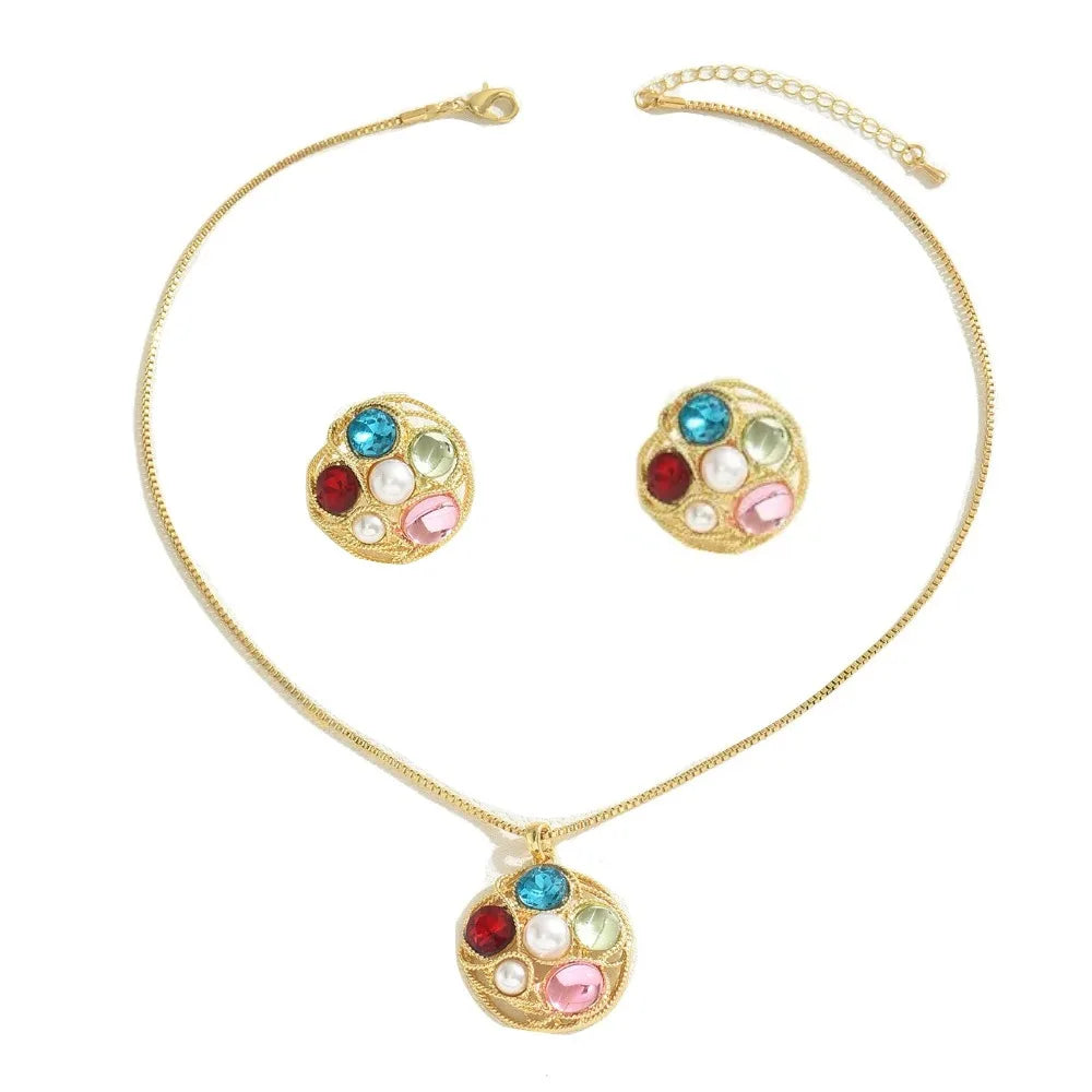 Chic Luxury Crystal Earrings Pearl Charm Rhinestone Necklace Geometric Vintage Women Jewelry Set Girls Good Vibrations