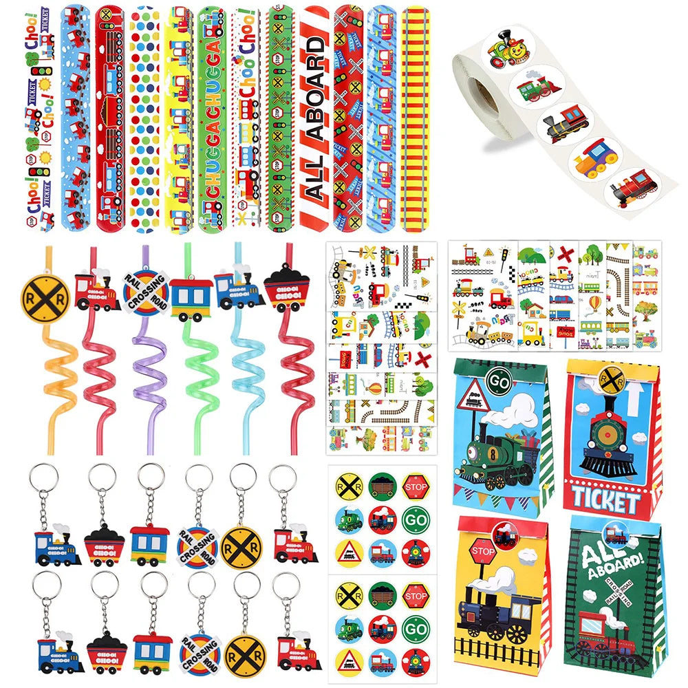 Train Party Supplies Drinking Straws Temporary Tattoos Keychains Slap Bracelets Stickers Goodie Bag Transportation Birthday Gift Good Vibrations