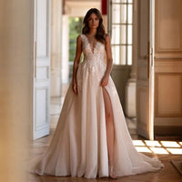 Wedding Dress for Bride Customized V Neck Open Back Sparkling Applique Tulle A Line Split Bridal Gown Sweep Train Good Vibrations