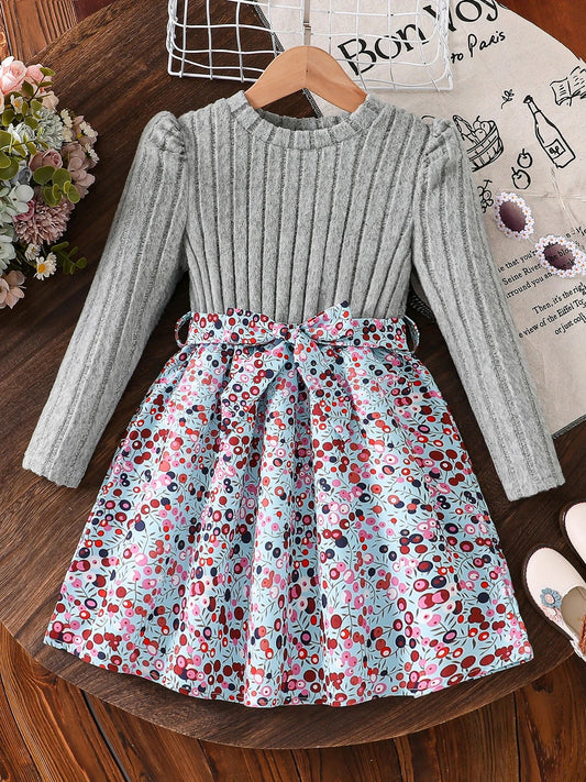 Spring and Autumn Girls' Simple Casual Versatile Knitted Round Neck Long-Sleeved Floral Dress Girls' Daily Casual Dress Good Vibrations