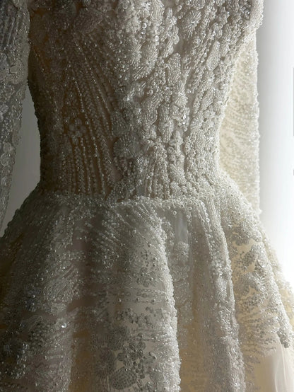 Sharon Said Elegant Luxury Dubai Beading Pearls Long Sleeves V-Neck  Wedding Dress Princess Arabic Bride Dress SW518 Customized Good Vibrations