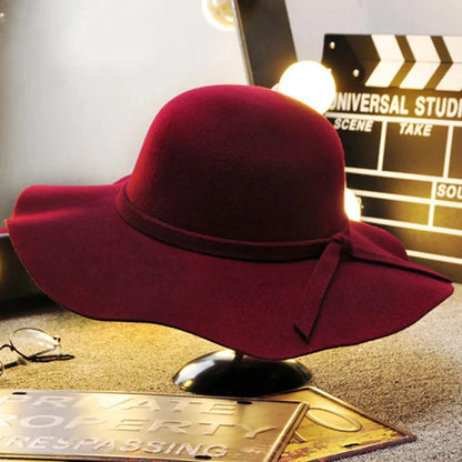 British Style Felt Hats for Women, Big BrimTop Hat, Flat Brim, White Cap for Lady, Autumn and Winter Good Vibrations