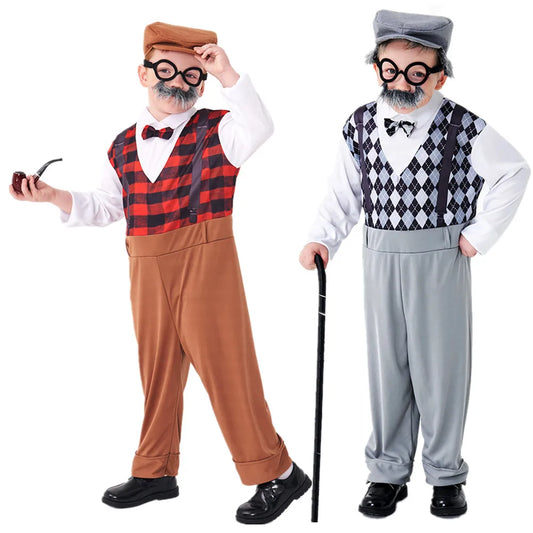Halloween Cosplay Old Man Costume for Kids 100th Day of School Grandpa Costume Accessories Including Hat Glasses Beard Gangster Good Vibrations