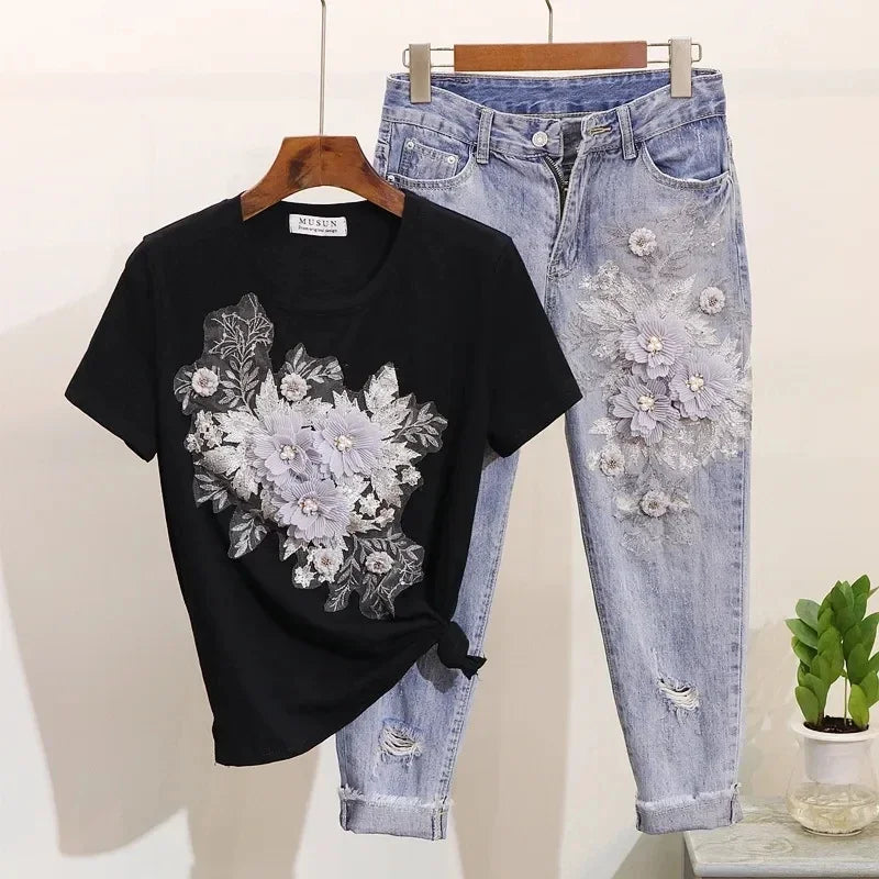 Two-Piece Suit 2025 Summer New Women Denim Pants Beading Embroidery Tshirt Tops+ High Waist Hole Jeans Female Casual Outfits Good Vibrations