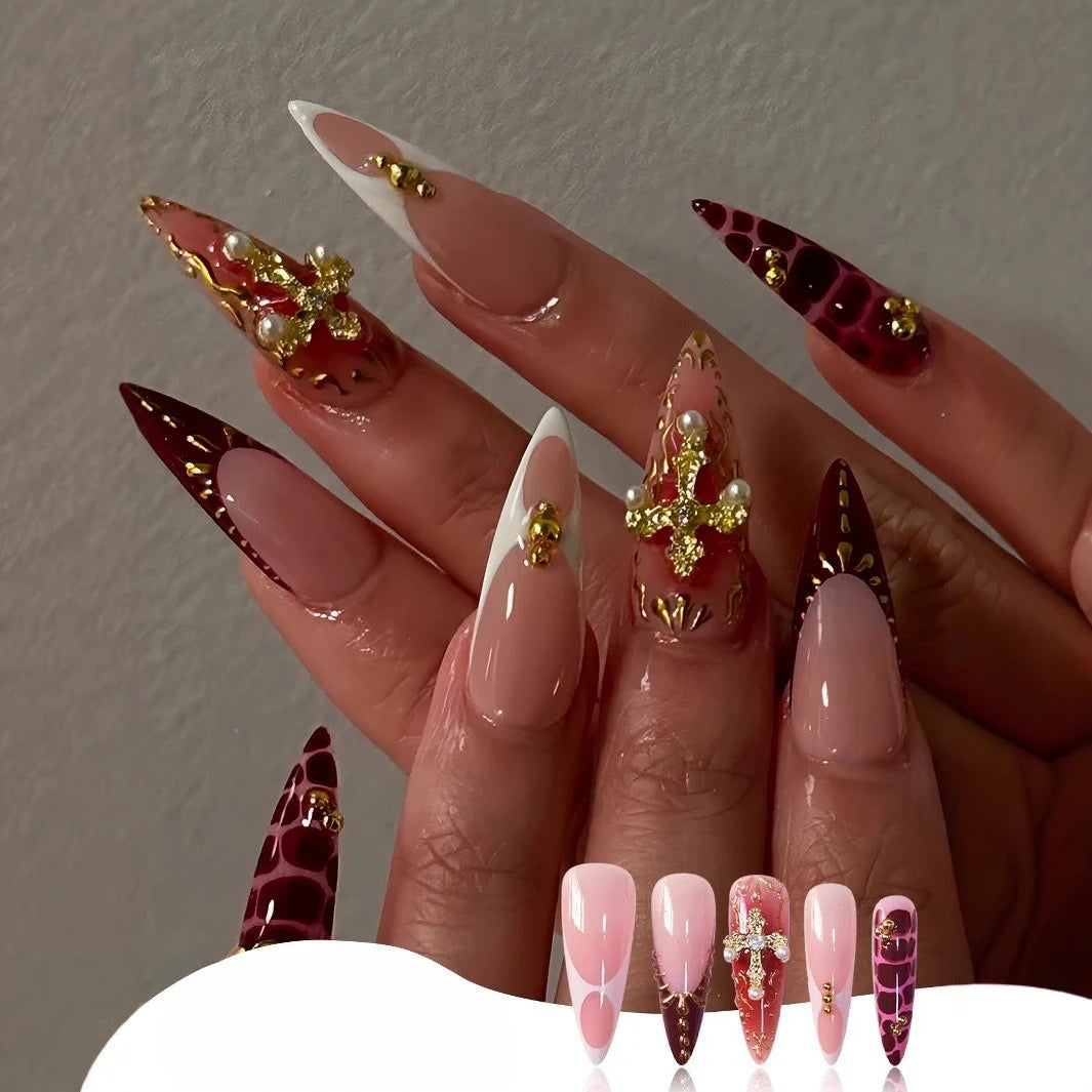 24Pcs False Nails Spicy Girl Silver Bow with Diamond Fake Nails with Glue Almond Press on Nails Black Cool Y2k Almond Nail Set Good Vibrations