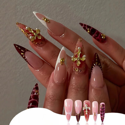 24Pcs False Nails Spicy Girl Silver Bow with Diamond Fake Nails with Glue Almond Press on Nails Black Cool Y2k Almond Nail Set Good Vibrations