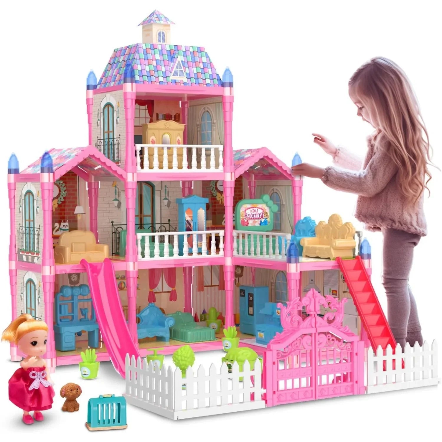 Luminous Doll House Dreamhouse for Girls Princess Playhouse Set with Dolls Furniture Accessories Pretend Play Birthday Gifts Good Vibrations