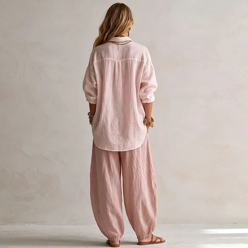 Vintage Two Piece Sets Women Loose Turn Down Collar Blouse High Waist Pocket Wide Leg Trousers Outfits Casual Travel Beach Suits Good Vibrations