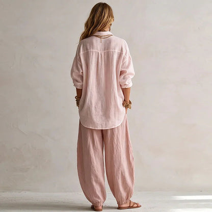 Vintage Two Piece Sets Women Loose Turn Down Collar Blouse High Waist Pocket Wide Leg Trousers Outfits Casual Travel Beach Suits Good Vibrations