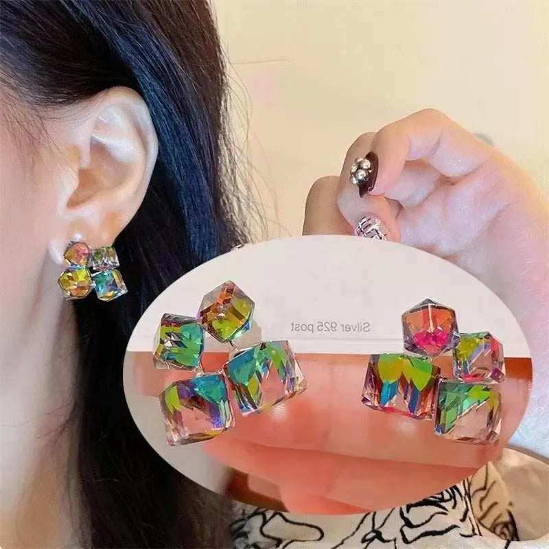 925 Silver Needle Korean Fashion Zircon Geometric Earrings For Women Jewelry 2026 Trending Luxury Crystal Cross Stud Earrings Good Vibrations