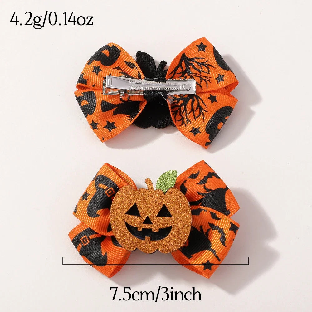 2Pcs Halloween Kids Hairpin Set Handmade Grosgrain Ribbon Bows DIY Pumpkin Spider Decoration Headwear Hair Accessories for Girls Good Vibrations