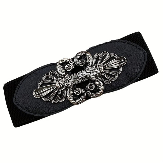 Vintage Buckle Wide Elastic Belt Black Waistband Solid Color Decorative Belts Dress Girdle For Women Good Vibrations