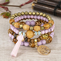 4Pcs/Set Boho Wooden Beaded Bracelet Set For Women Tree Of Life White Tassels Charm Elastic Chain Bangle Lady Bohemia Jewelry Good Vibrations