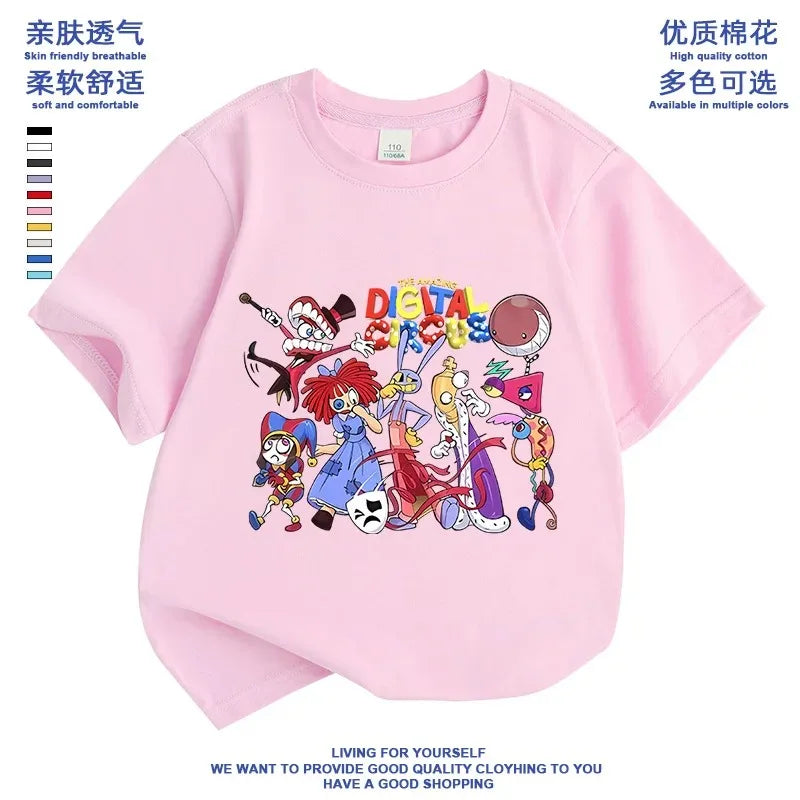 2026 Pure cotton boys and girls' short-sleeved T-shirt summer children's clothing cartoon magic digital circus children's top Good Vibrations