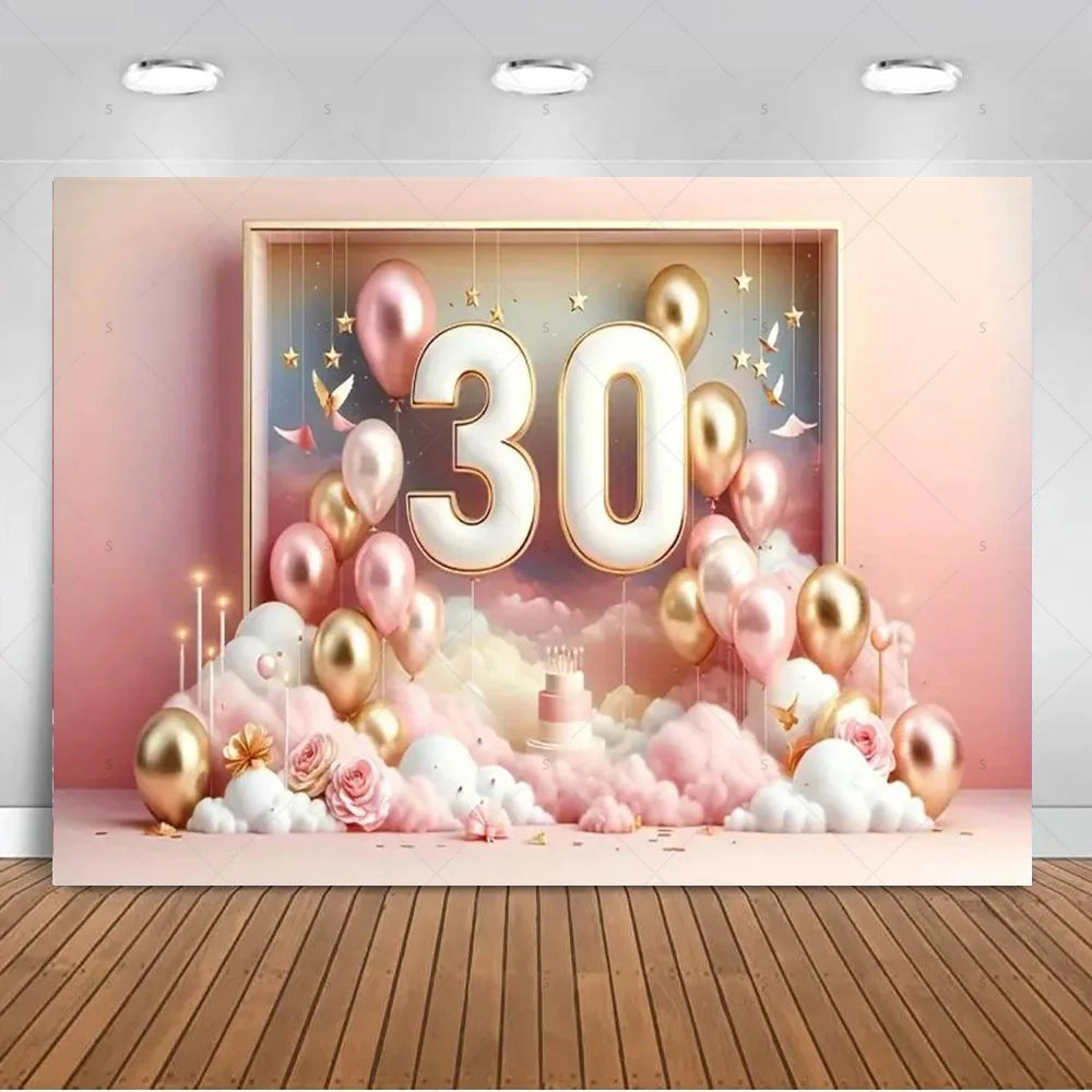 30th Birthday Party Decor Background Pink Black Gold Glitter Woman Man 30 Years Old Photography Backdrop Supplies Adult Gifts Good Vibrations