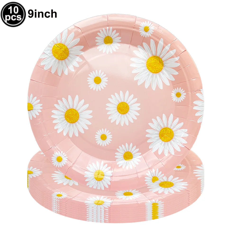 Pink Daisy Theme Disposable Tableware Flower Plate Napkin Straws Banner Birthday Party Baby Shower Wedding Decorations Supplies Good Vibrations