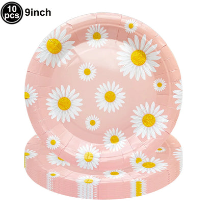 Pink Daisy Theme Disposable Tableware Flower Plate Napkin Straws Banner Birthday Party Baby Shower Wedding Decorations Supplies Good Vibrations