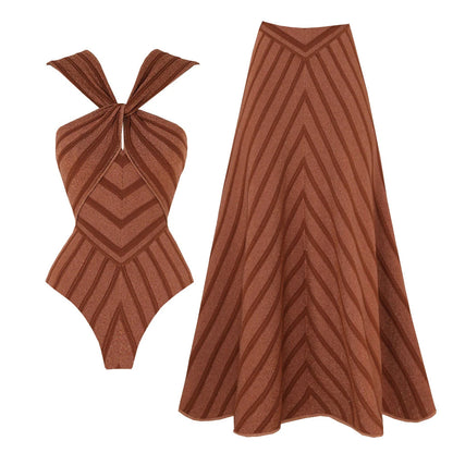 2Pcs Striped Swimsuit With Long Skirt Sexy Women Bikini Push Up Swimwear Halter Biquini Female Bathing Suit Slimming Beachwear Good Vibrations