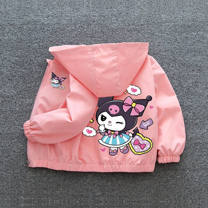 Kuromi Melody Girls Windbreaker Jacket 2024 New Spring Autumn Kid Fashion Cartoon Zipper Hooded Coat Teen Clothing Birthday Gift Good Vibrations