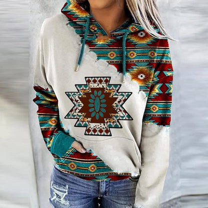 Womens Casual Geometric Horse Print Long Sleeve Drawstring Pullover Tops, Ethnic Style Hooded Sweatshirt Good Vibrations
