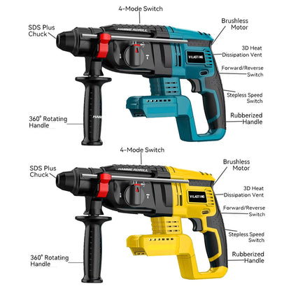 VILASTING 26MM Brushless Electric Hammer Drill Multifunctional Rotary Cordless Power Tools For Makita/Dewalt 18V Battery Pin Good Vibrations