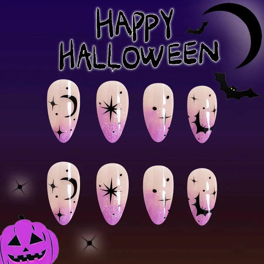 24Pcs/set Almond Halloween Press on Nails Black Bat Fake Nail Moon and Stars Pattern Removable Wearable Nails for Women&Girl Good Vibrations