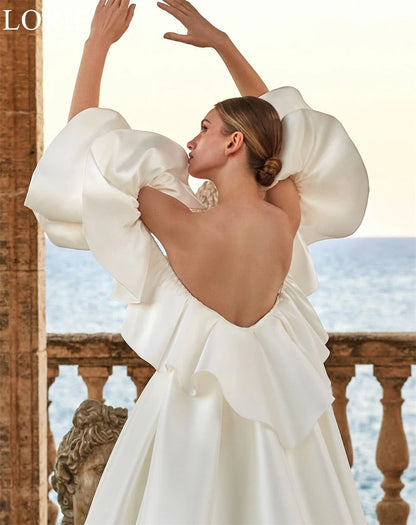LORIE Elegant Satin Wedding Dresses Strapless Ruffle Sleeves A-Line Pleated Bride Prom Gown 2025 Romantic Bridal Gown Customized