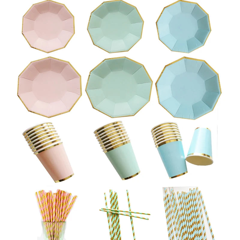 8 PCS/Lot Party Paper Plates Cups Pink Gold Happy Birthday Party Wedding Decoration Baby Shower Tableware Kids Birthday Decor Good Vibrations