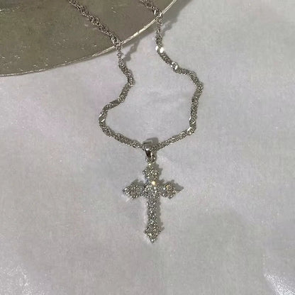 Shiny Crystal Zircon Cross Pendant Necklace for Women Girls Punk Silver Color Thin Chain Necklace Party Jewelry Birthday Gift Good Vibrations