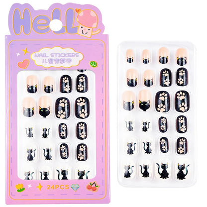 24Pcs/box Kids nails for Girl Cartoon Pattern False Nail Cute Child Fake Nails Tips Kawaii Acrylic Artificial Press on Nail+Tool Good Vibrations