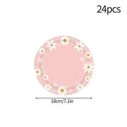 24pcs 7/9inch Pink Daisy Theme Disposable Tableware Flower Plate Napkin Straws Banner Birthday Party Baby Shower Wedding Decor Good Vibrations