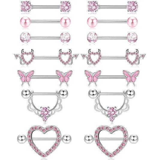 Pink Devil Nipple Piercing Jewelry Set Heart Crystal Nipple Rings Bulk Shiny Butterfly Nipple Barbell Dangle Lot Piercing Pezon