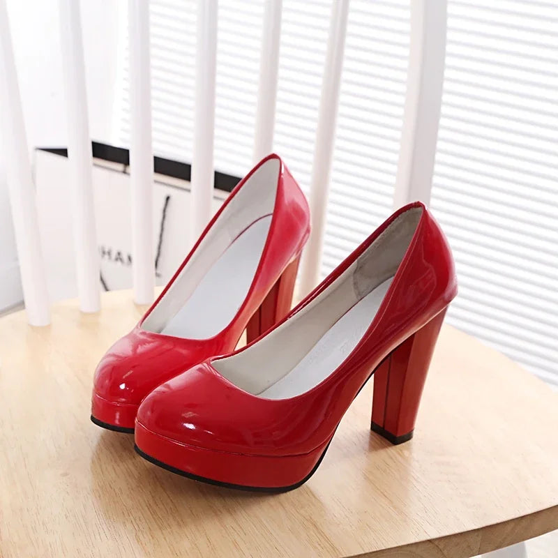 High Heels Shoes Women White Wedding Shoes Thick 10 CM Heels Fashion Party Pumps Footwear Black Red Round Zapatos De Mujer Good Vibrations