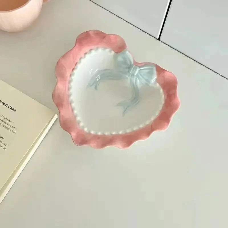 INS Wind Bowl Plate Cute Wave Edge Bow Knot Love Wave Dot Ceramic Lace Tableware Girl Heart Home Rice Bowl Plate Dessert Plate Good Vibrations
