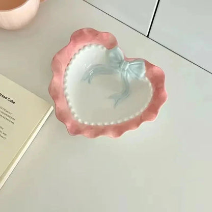 INS Wind Bowl Plate Cute Wave Edge Bow Knot Love Wave Dot Ceramic Lace Tableware Girl Heart Home Rice Bowl Plate Dessert Plate Good Vibrations