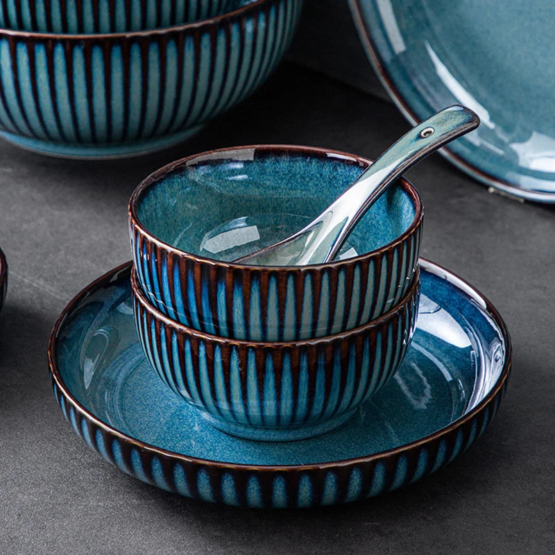 Blue Kiln Glazed Ceramic Plates, Microwaveable Dinner Plates, Round Rice Salad Bowls, Household Tableware Good Vibrations