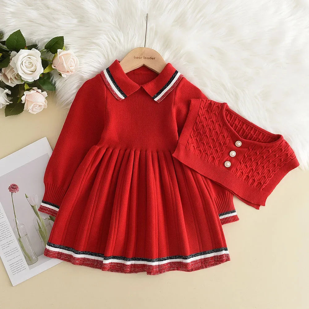 Bear Leader Kids Dresses for Girls Pearl Button Tricolor Striped Lapel Knit Skirt Winter College Style Children's Clothing Good Vibrations