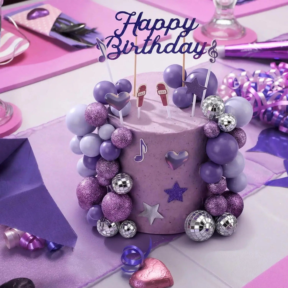 Complete K-Pop Party Cake Topper: Purple Disco Balls, Mic, Hearts & “Happy Birthday” – Music Theme Decor Good Vibrations