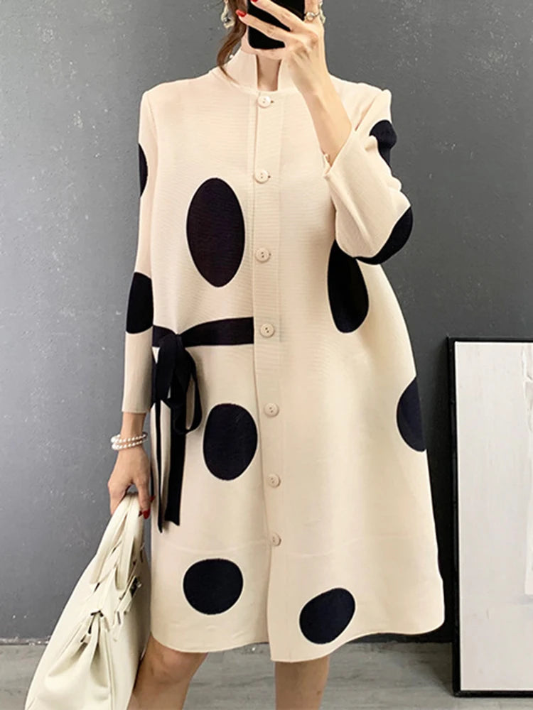 2025 Miyake Stand Collar Pleated Dress Autumn Single Breasted Drawstring Dot Printing Festival Clothing Women Elegant Good Vibrations