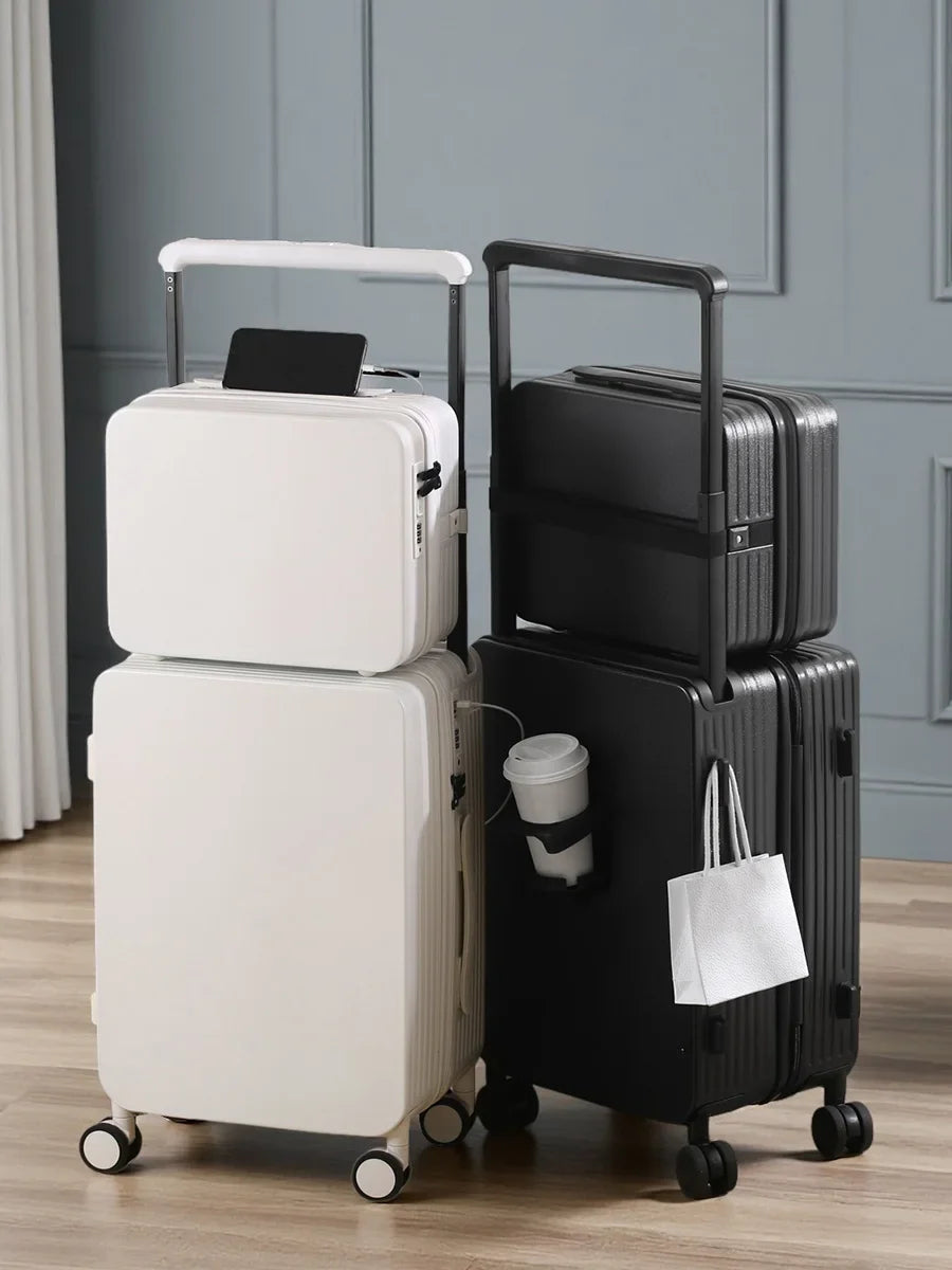 20+14"24+14" Luggage Set with USB & Cup Holder TSA Lock 360° Wheels Side-standing foot hook PC+ABS Suitcase Foldable Travel case Good Vibrations