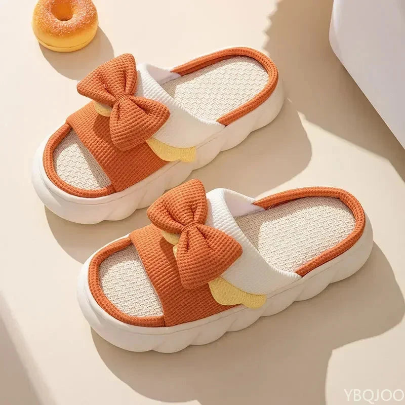 Linen Slippers Women Indoor Slippers Comzy Anti-Slip House Cotton Shoes  Cute Bowknot Flat Slipper Couples Slides Spring Summer Good Vibrations
