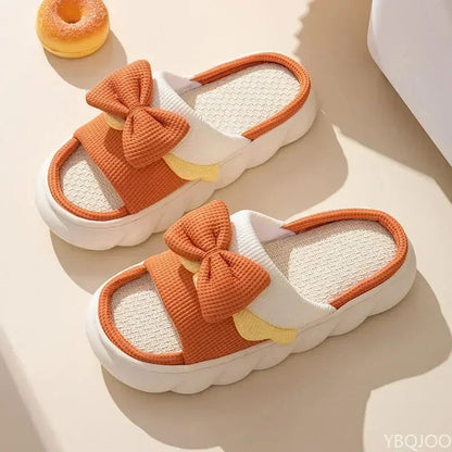 Linen Slippers Women Indoor Slippers Comzy Anti-Slip House Cotton Shoes  Cute Bowknot Flat Slipper Couples Slides Spring Summer Good Vibrations