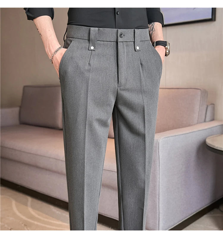 Mens Suit Pants 2025 Autumn New British Style Elastic Waist Solid Casual Formal Dress Pants Slim Fit Trousers for Men Clothing Good Vibrations