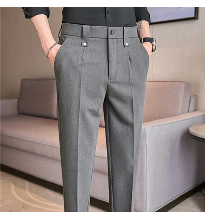 Mens Suit Pants 2025 Autumn New British Style Elastic Waist Solid Casual Formal Dress Pants Slim Fit Trousers for Men Clothing Good Vibrations
